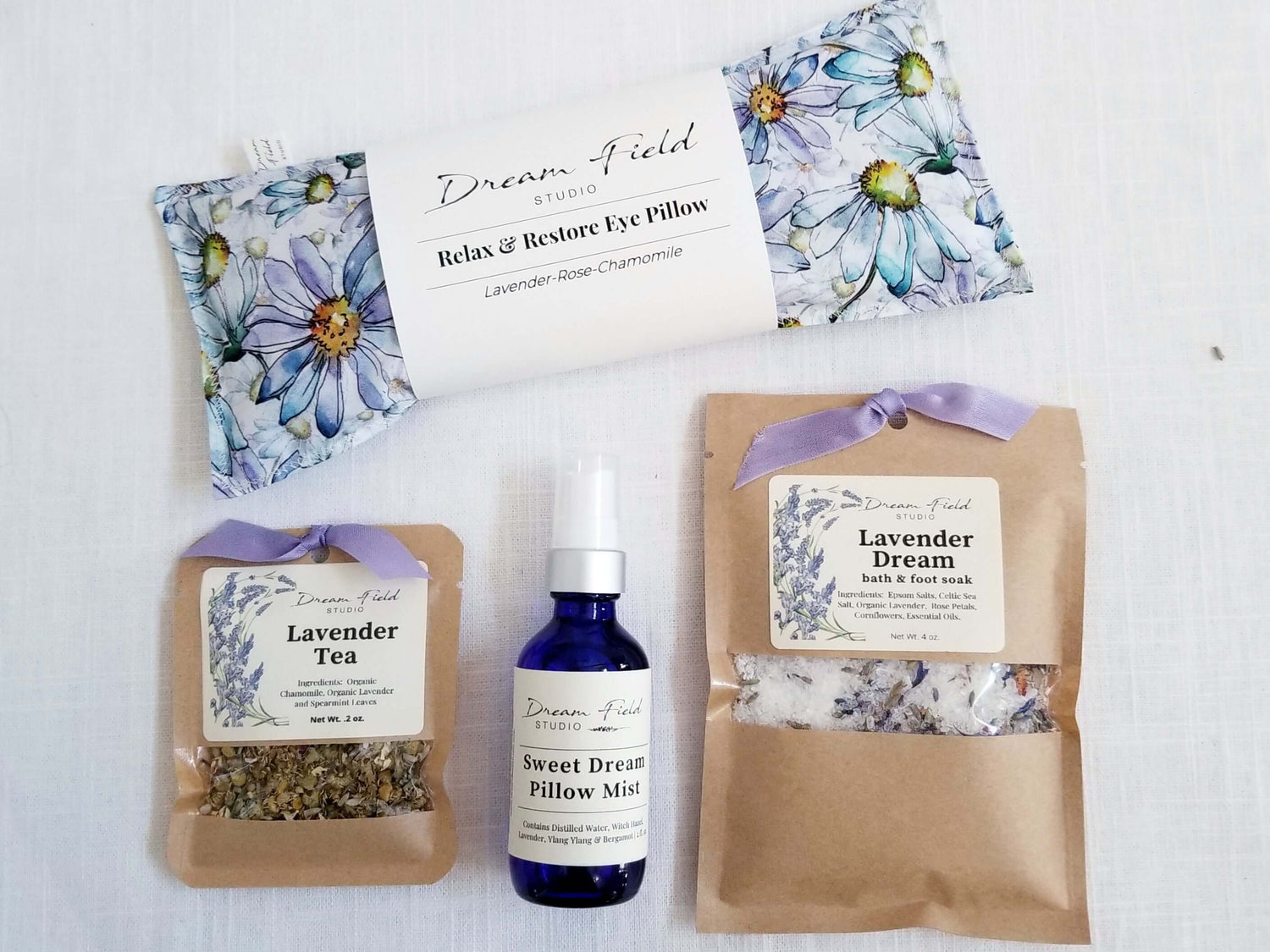 self care spa gift set with eye pillow lavender tea bath soak and sweet dream pillow spray blue bottle