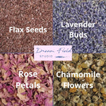 Infographic of flax seeds, lavender buds, rose petals & chamomile flowers