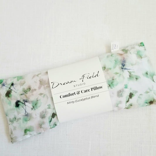 Minty eucalyptus eye pillow with washable green watercolor leaves cover