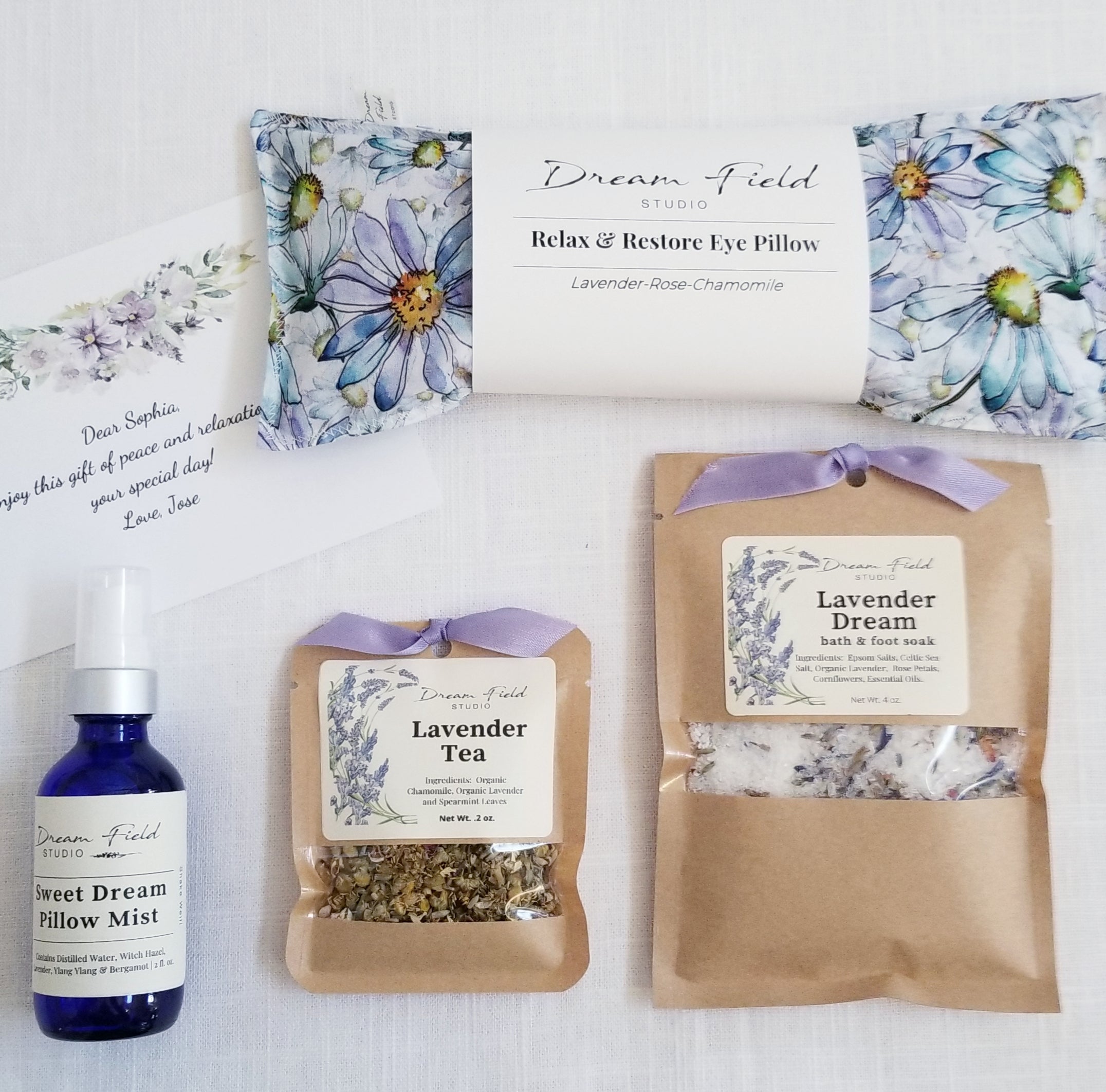 Blue Daisy Eye Pillow, Lavender Tea, Pillow Mist, bath and foot soak, sample customized gift note