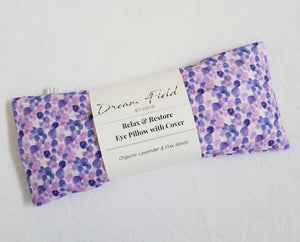 Close up Blue Dot Relax & Restore Eye Pillow with washable cover organic lavender and flax seeds