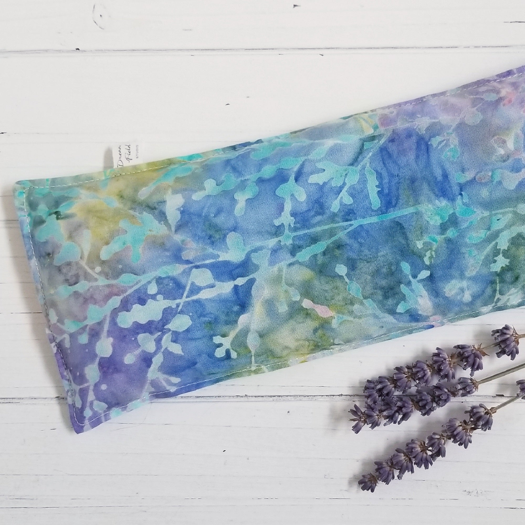Handmade lavender eye pillow in Undersea Blue Batik print washable cover by Dreamfield Studio