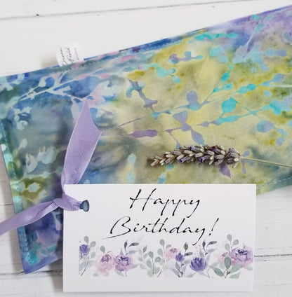 Lavender eye pillow with sample Happy Birthday customized gift card