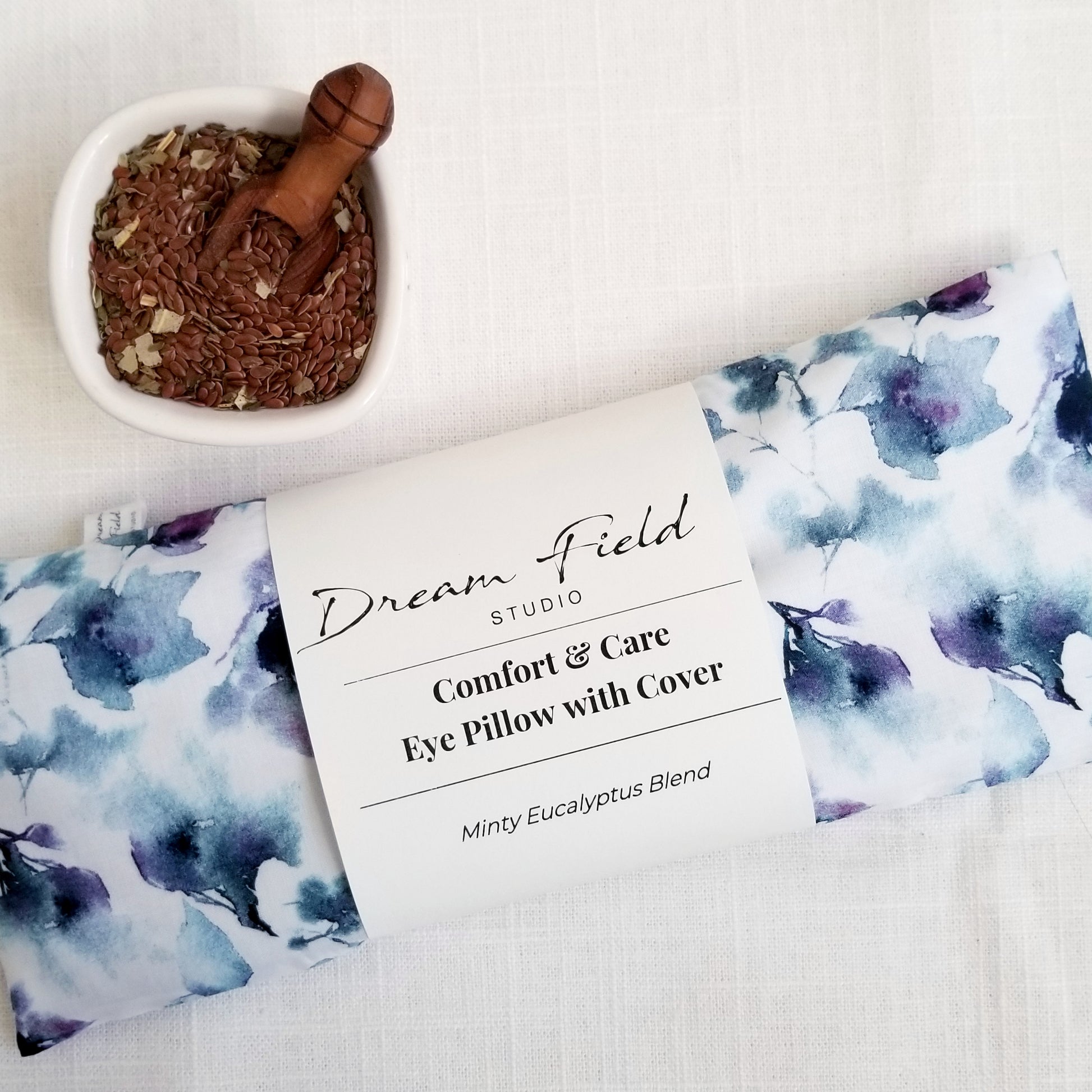 Eucalyptus eye pillow blue watercolor sketch washable cotton cover bowl of flax seeds