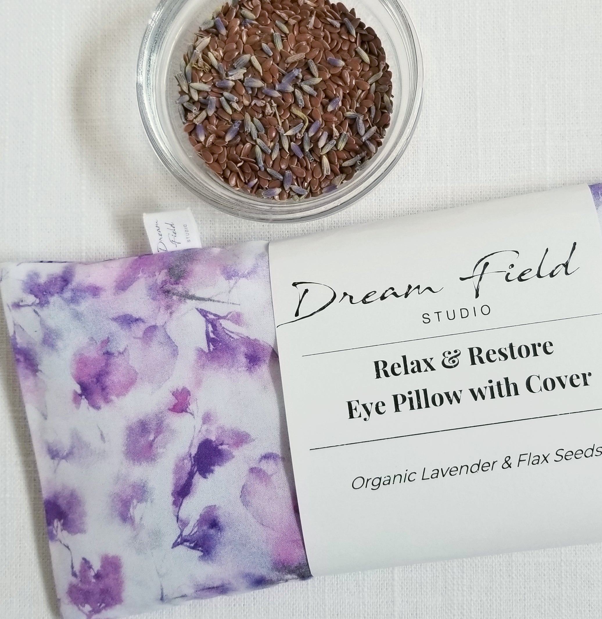 Close up of Purple Watercolor eye pillow with washable cover