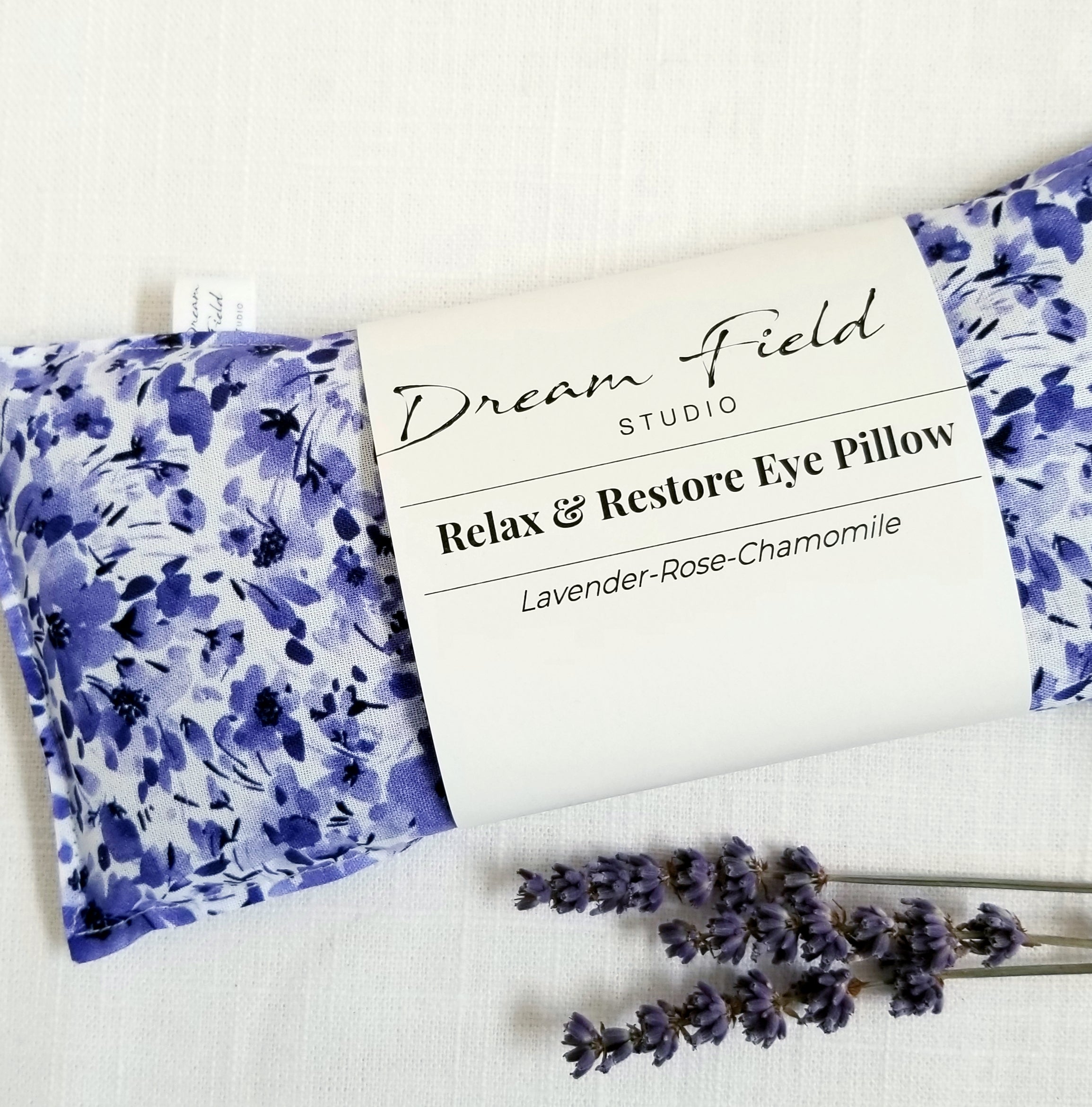 Lavender, Rose Petals, Chamomile eye pillow 10" x 4" in violet cotton print