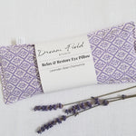 lavender rose eye pillow with tiny lavender floral design and 3 dried lavender stems