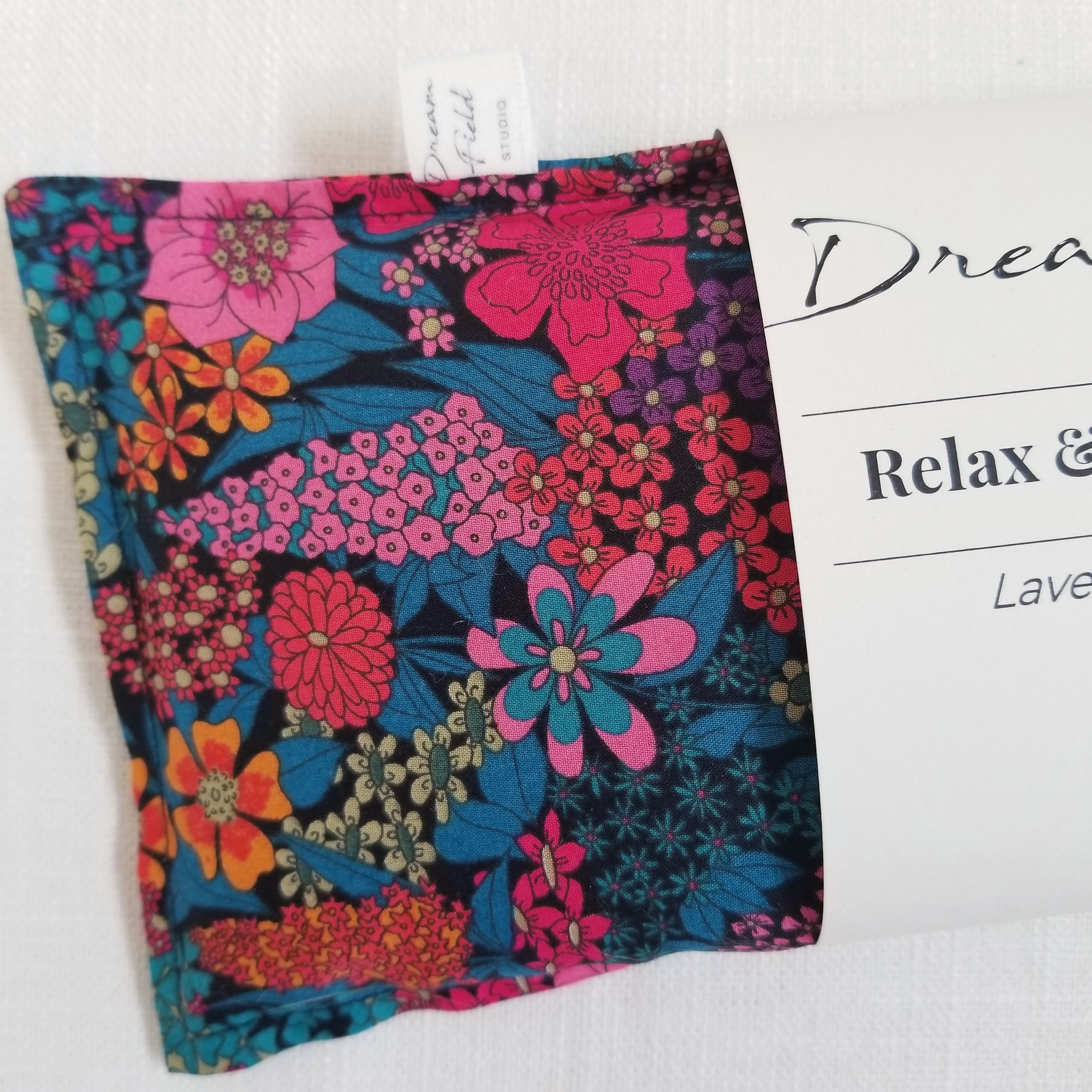 liberty of london lavender eye pillow and Dream Field Studio label 