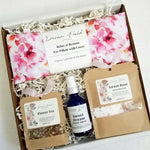 Pink Watercolor Self Care Gift Box including Eye Pillow, Flower Tea, Pillow Spray, Bath & Foot Soak