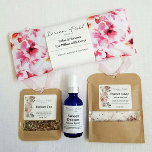 Pink Watercolor Self Care Gift Box incl. Eye Pillow,  Flower Tea, Pillow Spray, Bath & Foot Soak
