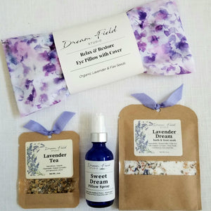 Purple Watercolor Self-Care Gift Box with Eye Pillow, , Lavender Tea, Pllow Spray, Bath & Foot Soak