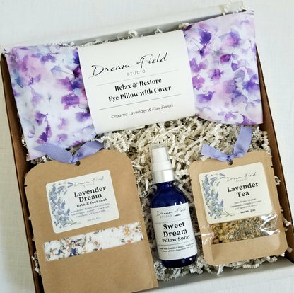 Purple Watercolor Lavender Self-Care gift box including Eye Pillow, Bath & Foot Soak, Pillow Spray, Lavender Tea