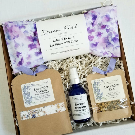 Purple Watercolor Lavender Self-Care gift box including Eye Pillow, Bath & Foot Soak, Pillow Spray, Lavender Tea