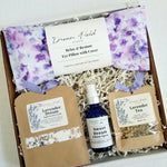 Purple Watercolor Lavender Self-Care gift box including Eye Pillow, Bath & Foot Soak, Pillow Spray, Lavender Tea