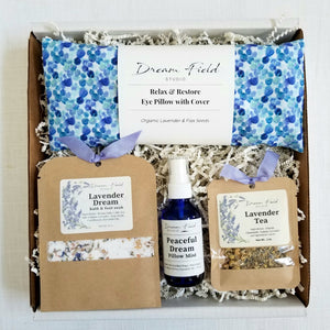 Blue Dot Lavender Spa Gift Box featuring eye pillow, lavender tea, bath & foot soak, pillow mist