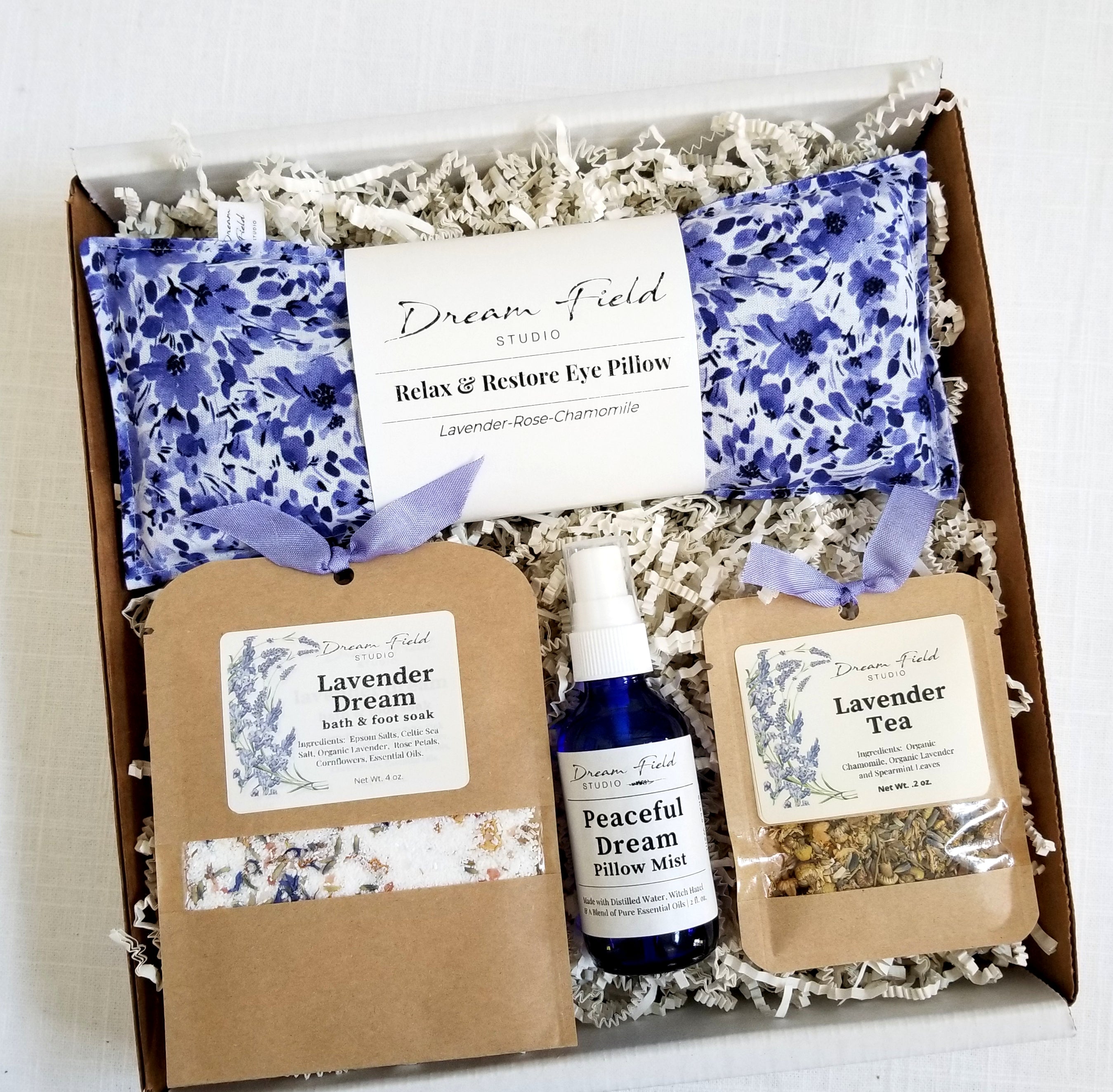 Violet floral gift box including Eye Pillow, bath & foot soak, pillow mist, tea