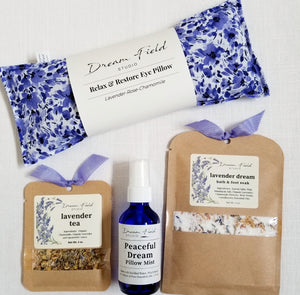 Lavender Self Care Kit including Eye Pillow, Lavender Tea, Pillow Mist, Bath & Foot Soak