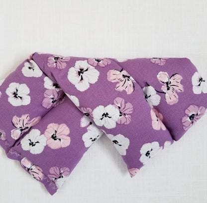 mini heat wrap Thermal Therapy Pack in mauve pansy print cotton bag