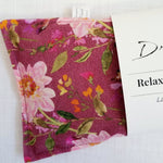 closeup of deep rose floral print lavender eye pillow