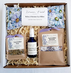Blue Daisy gift set with eye pillow lavender tea, pillow mist and foot soak