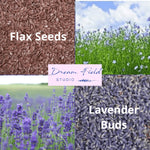 infographic showing contents of lavender heat wrap, flax seeds and lavender buds