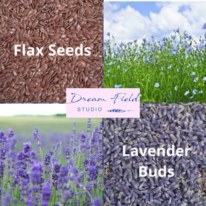 Infographic of flax seeds, fields of lavender growing, organic lavender buds