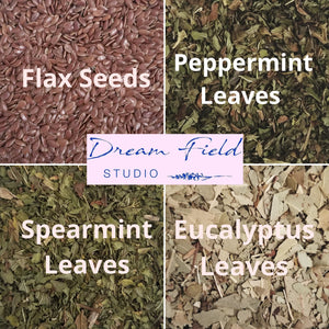 Infographic of flax seeds, peppermint leaves, spearmint leaves and eucalyptus leaves eye pillow by Dream Field Studio
