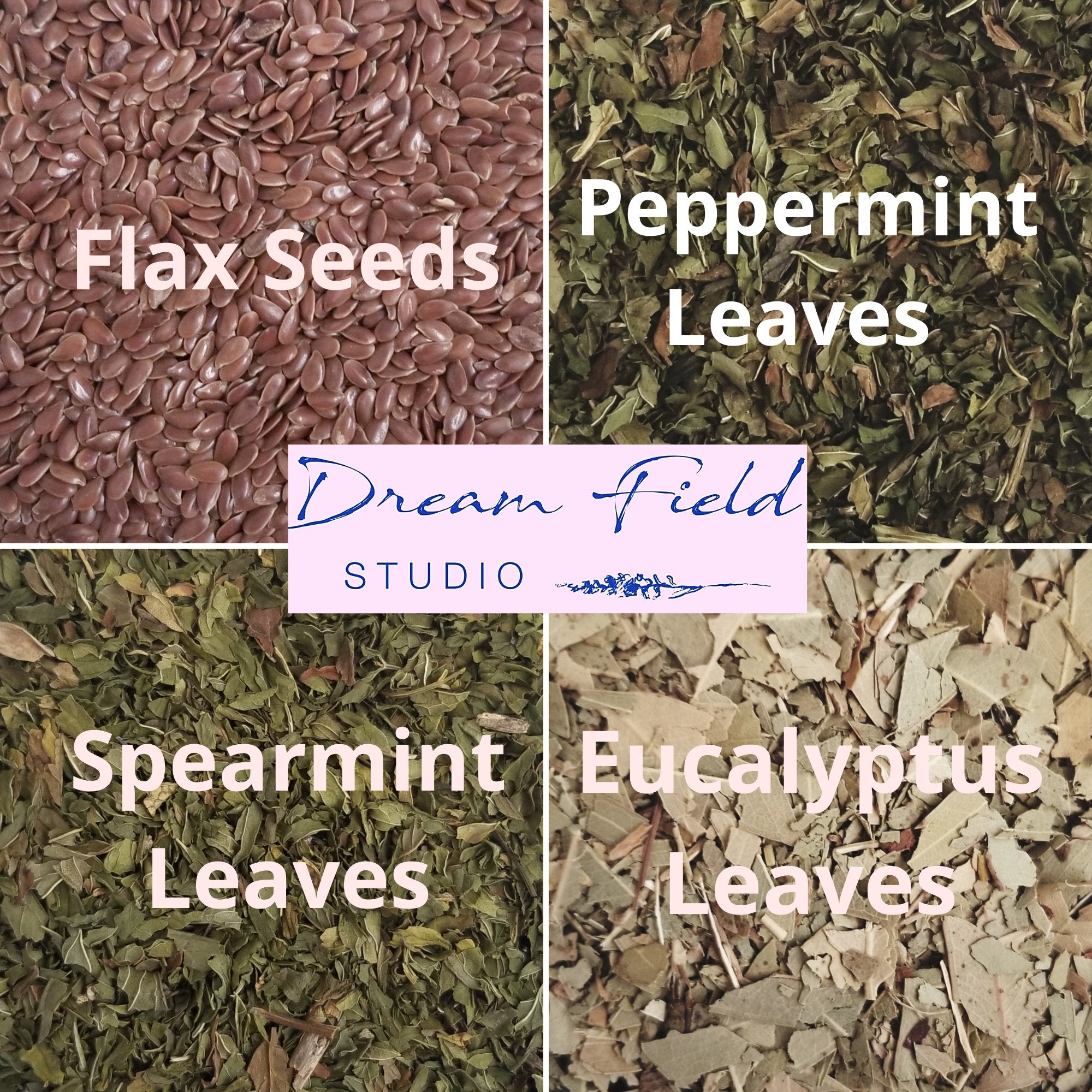 Infographic of flax seeds, peppermint leaves, spearmint leaves, eucalyptus leaves inside eye pillow by Dream Field Studio