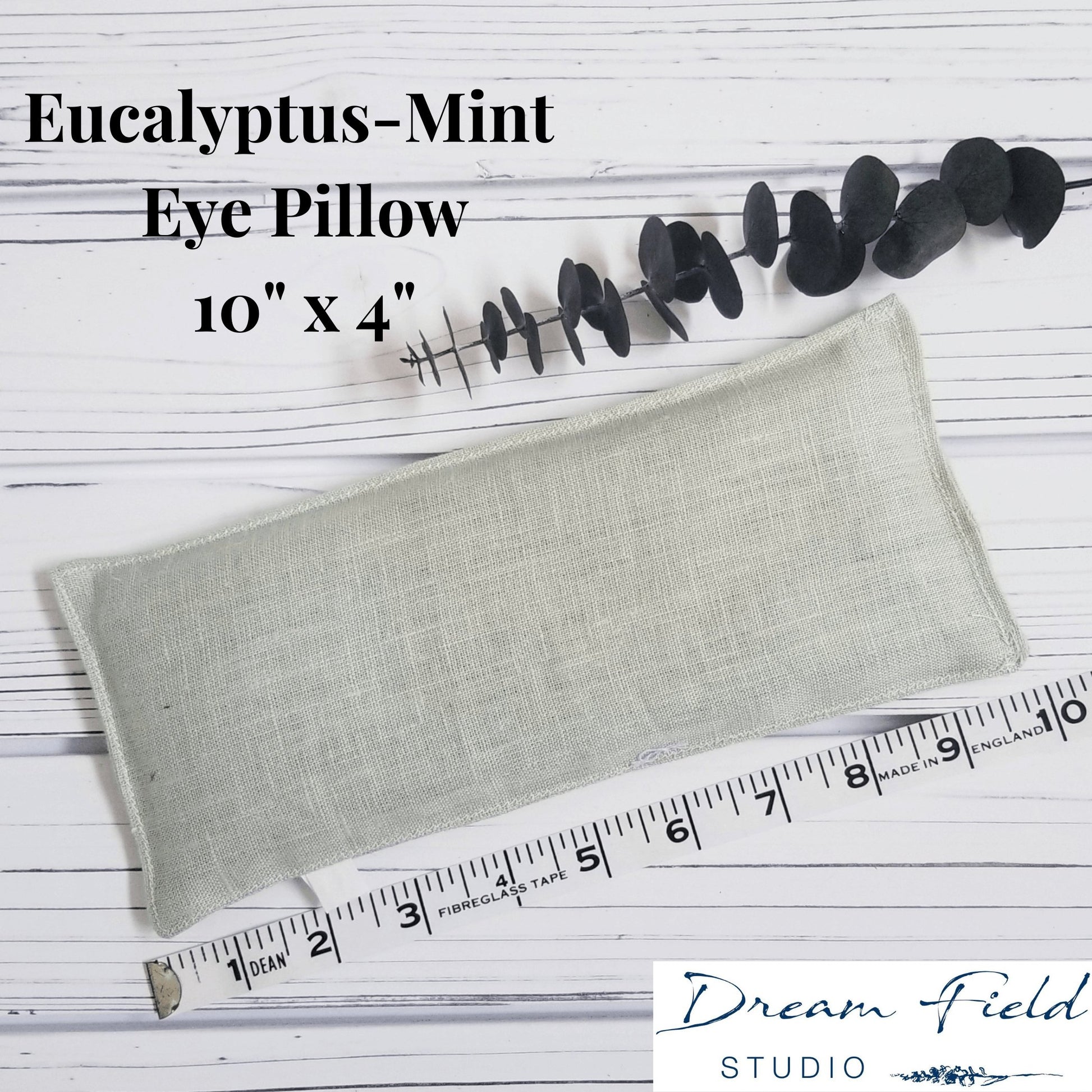 Size specifications for 10" x 4" eucalyptus mint eye pillow by Dream Field Studio