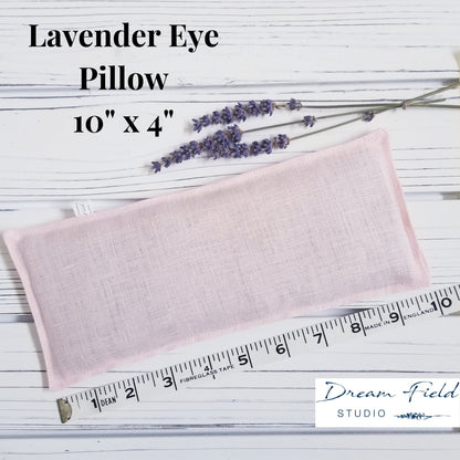Size specifications of 10" x 4" lavender eye pillow and sprig of organic lavender by Dream Field Studio