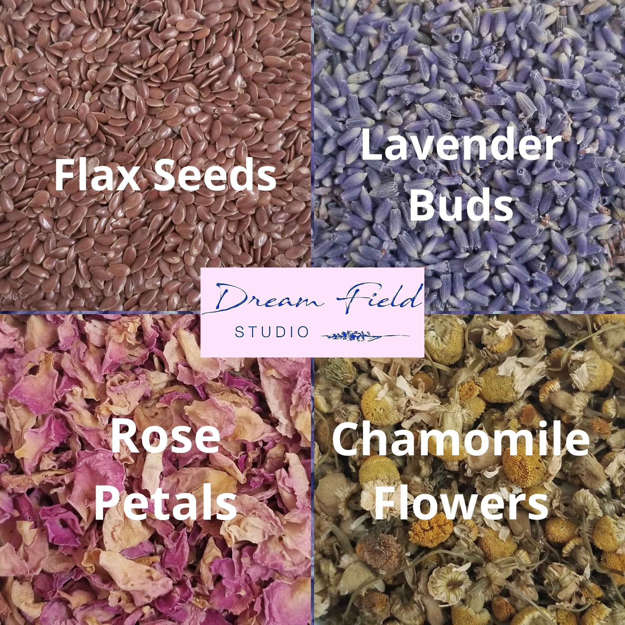 infographic showing ingredients for eye pillow rose petals lavender buds flax seeds and chamomile flowers