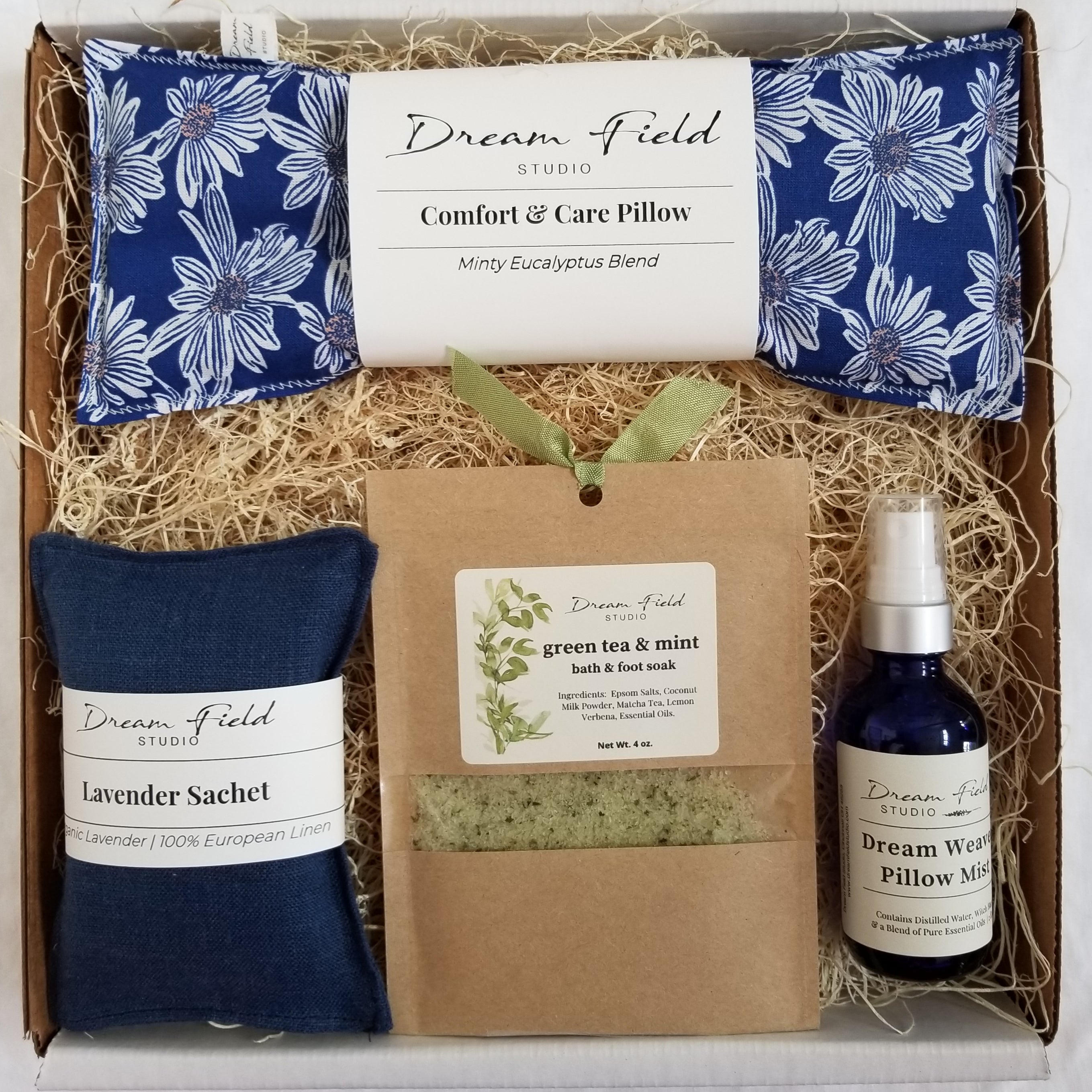 eye pillow gift set in white box with pillow spray sachet and bath salts