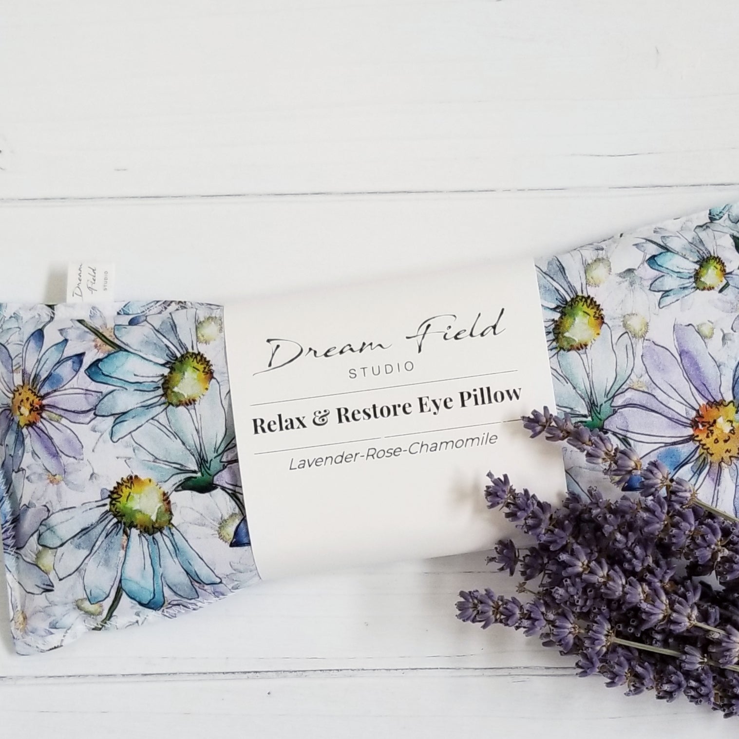 Lavender, flax seeds, rose petals, chamomile eye pillow blue watercolor daisy print