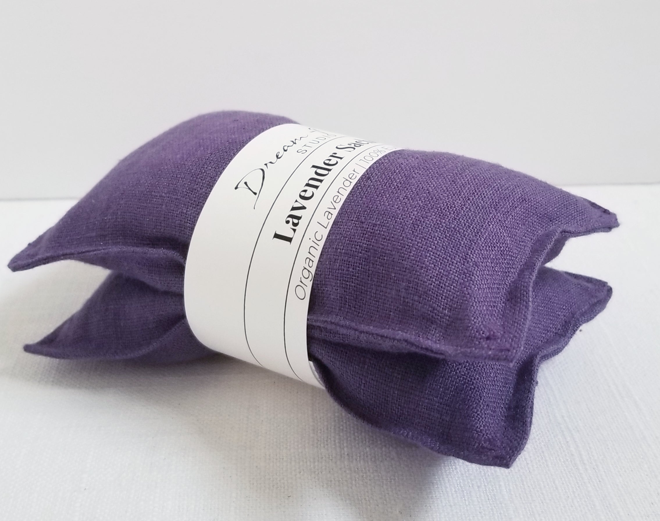 two linen lavender sachets with organic lavender buds