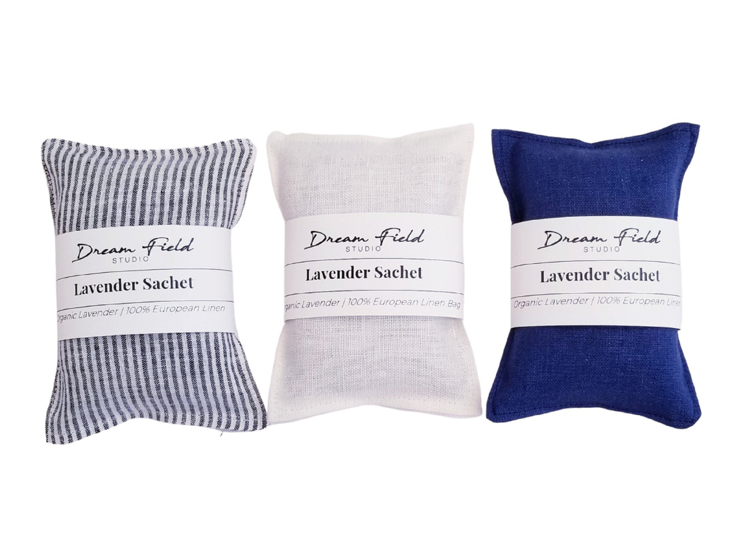 gift set of 3 organic lavender sachets with white, striped and navy blue linen