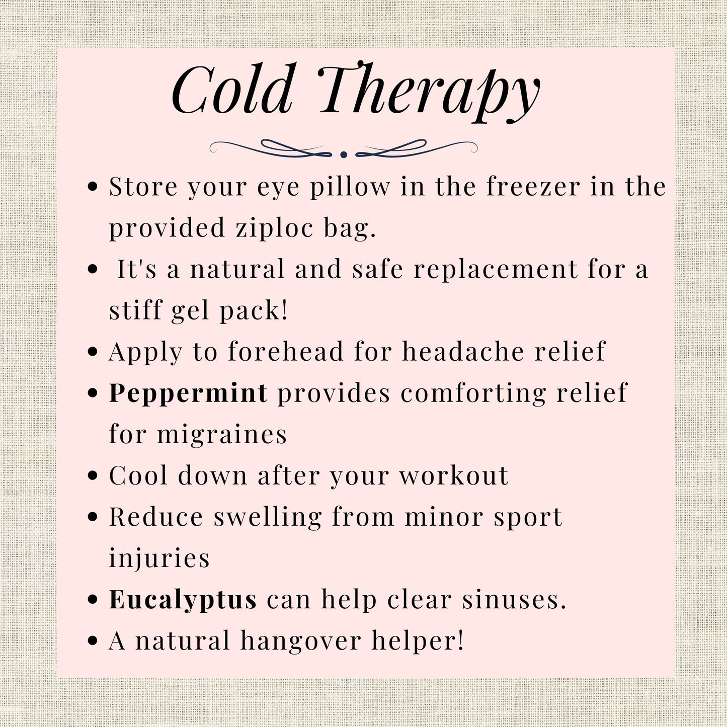 infographic for Cold Therapy eye pillow