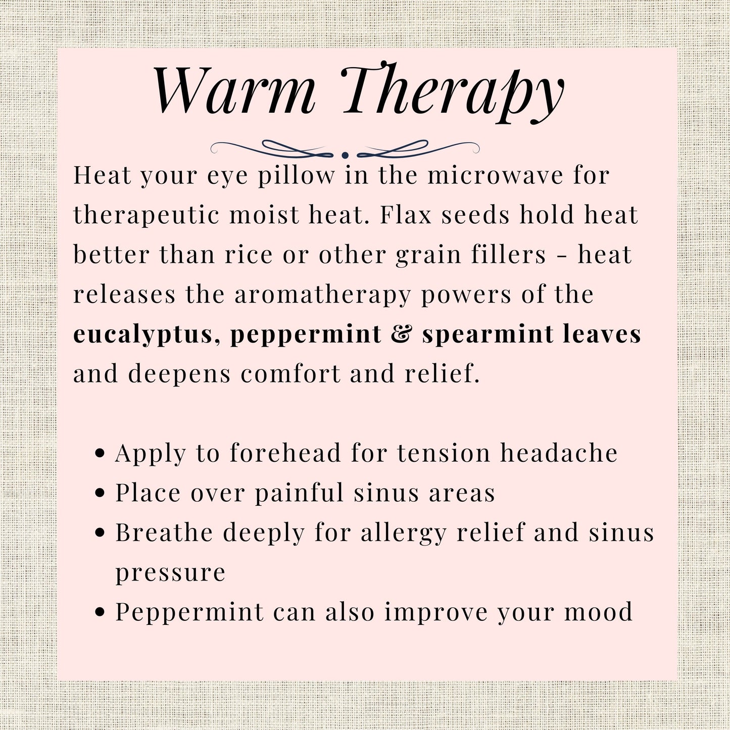 infographic for Warm Therapy eye pillow