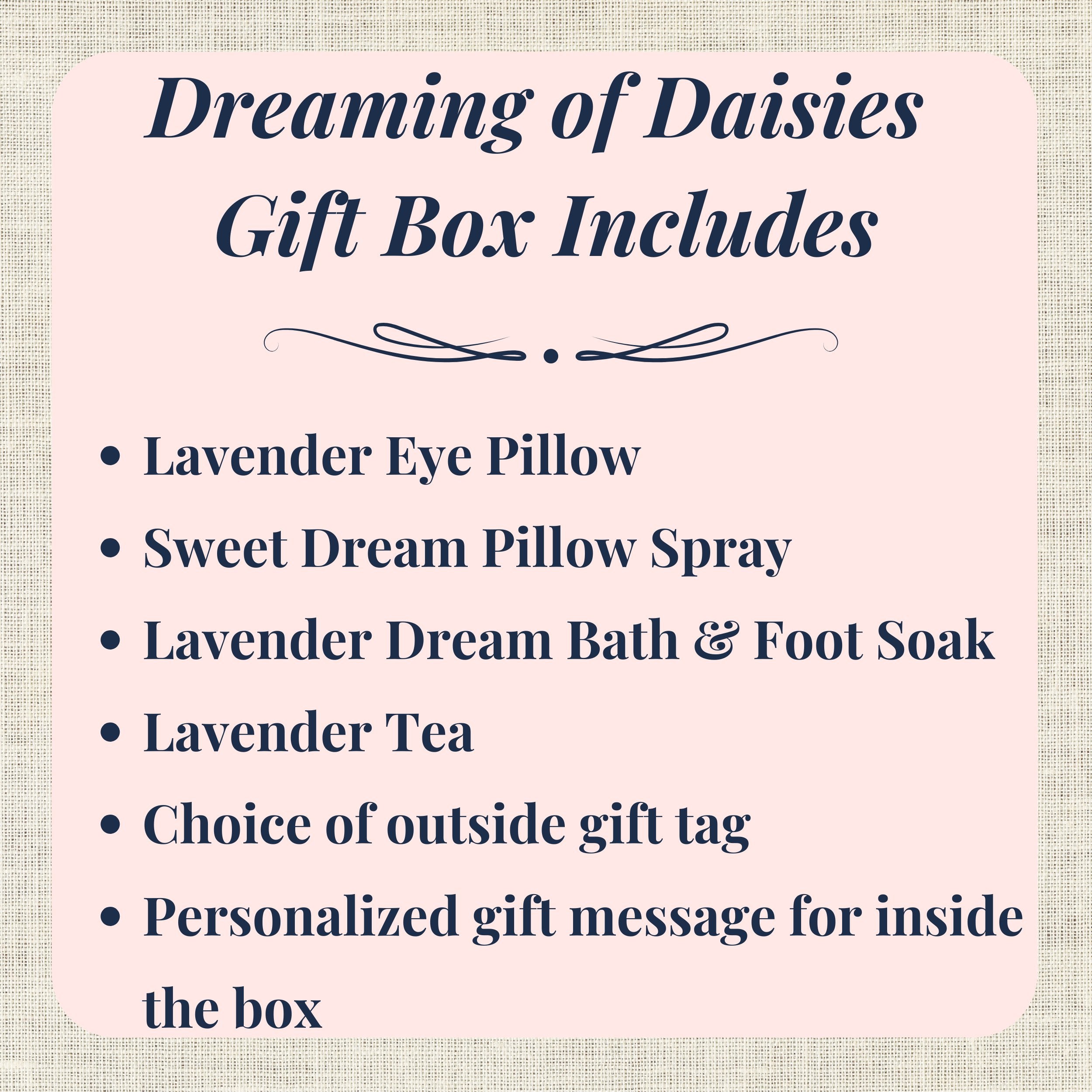 Graphic showing contents of Blue Daisies Gift Box: eye pillow, pillow spray, foot soak, tea, personalized gift message