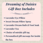 Graphic showing contents of Blue Daisies Gift Box: eye pillow, pillow spray, foot soak, tea, personalized gift message