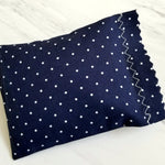 Herbal Dream Pillow, navy polka dot fabric, scalloped edges