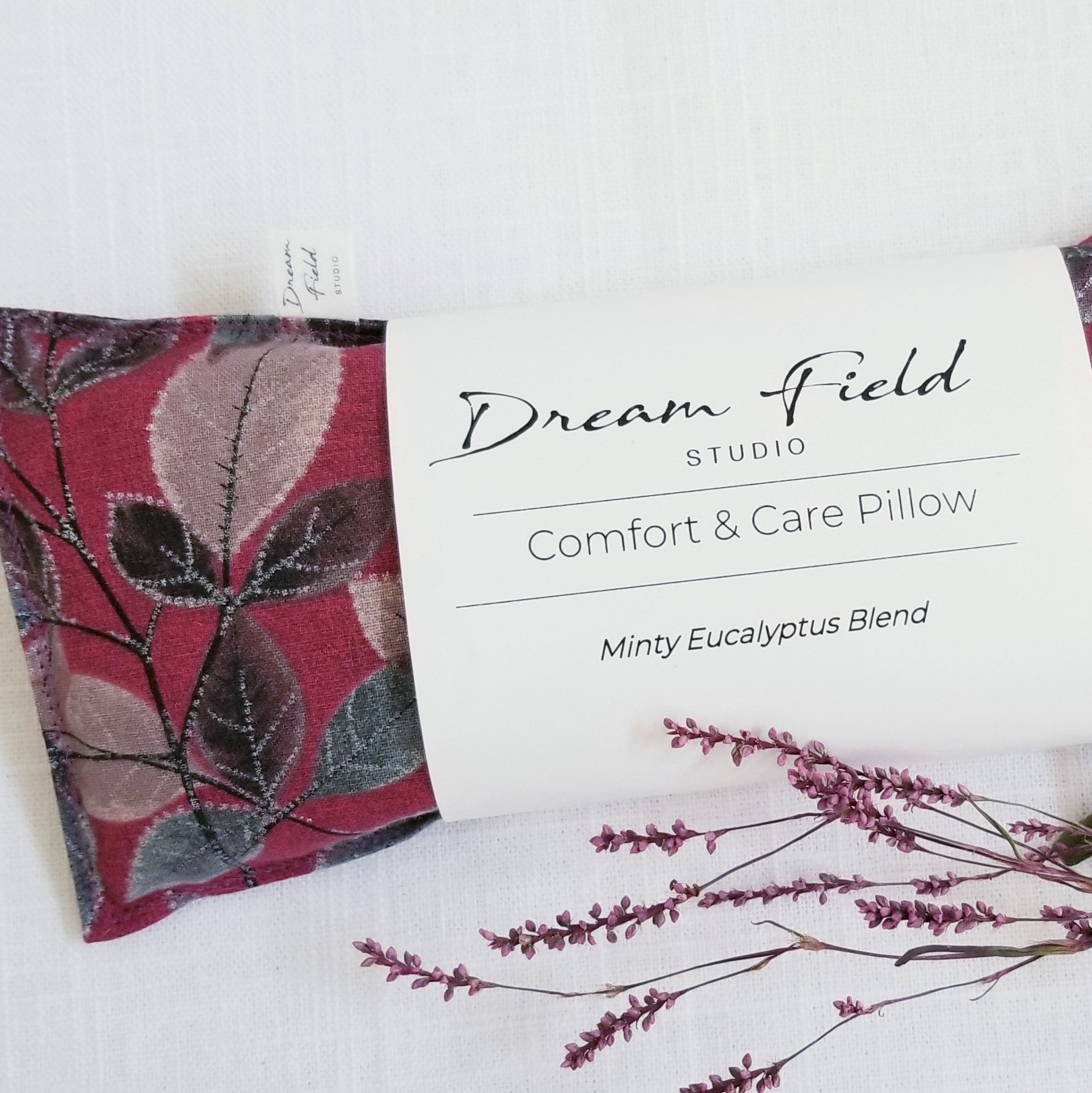 mint  eucalyptus eye pillow with dried red flowers
